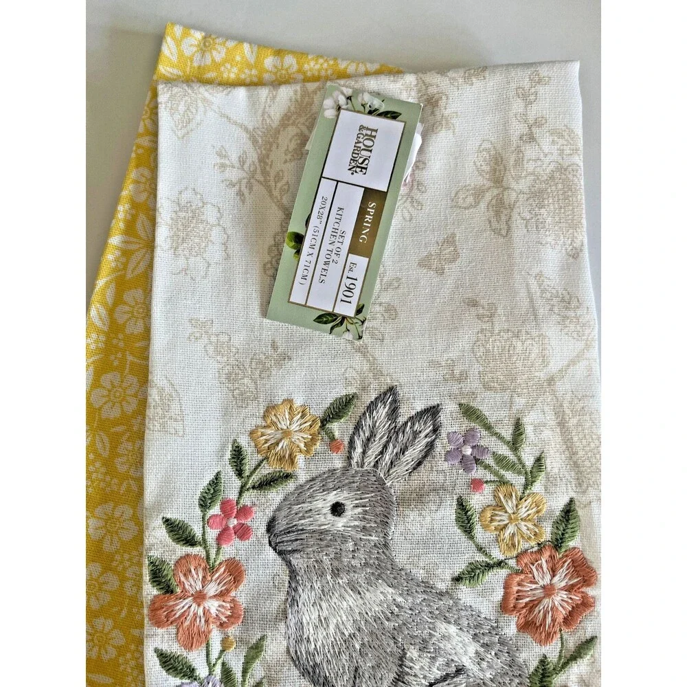 House & Garden Easter Bunny Kitchen Towels Set of 2 Embroidered Cotton Spring